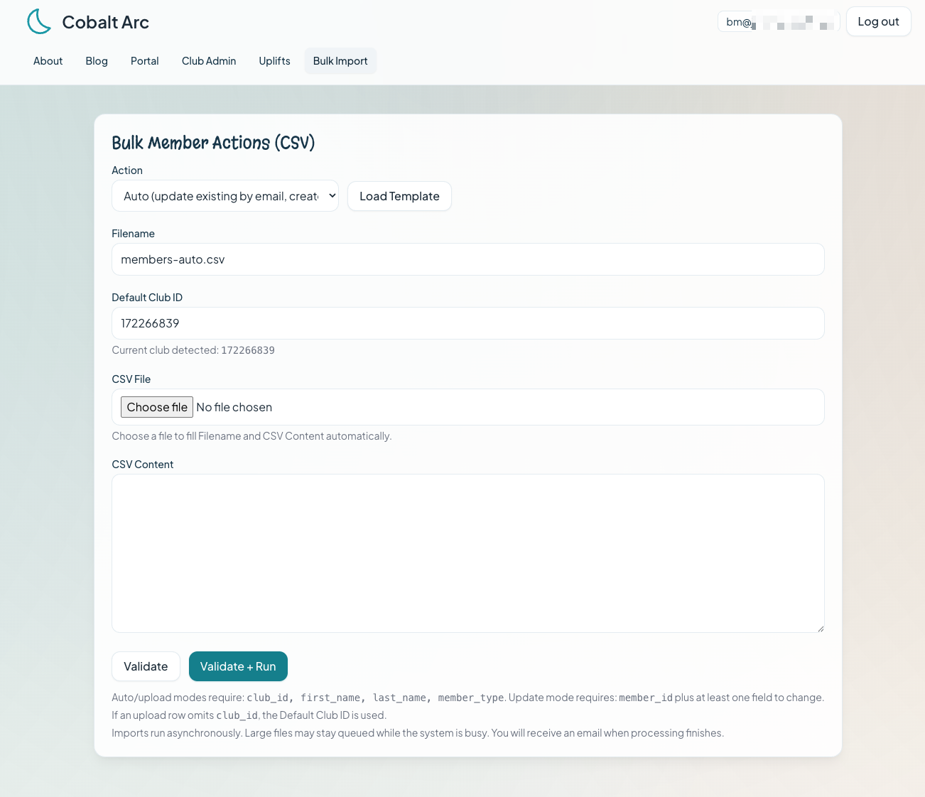 Admin bulk upload workflow for validating and committing member CSV data.