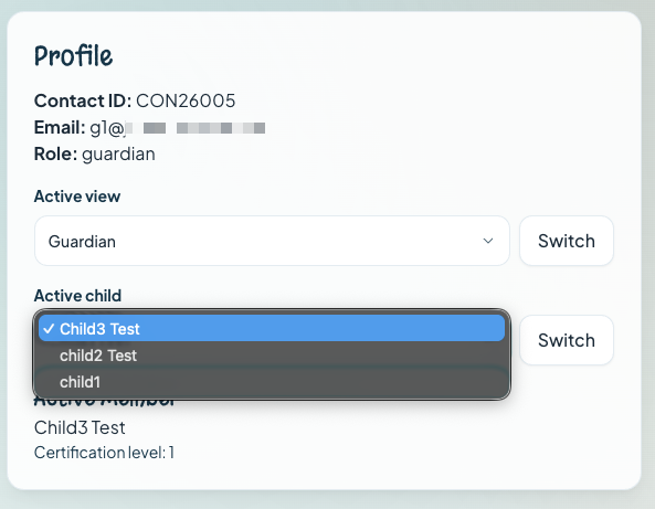 Guardian view for switching the active child profile.